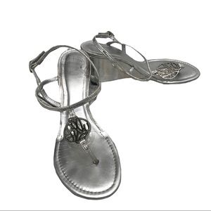Lilly Pulitzer Silver Metallic Wedge Heeled Sandals 7 foiled shiny palm